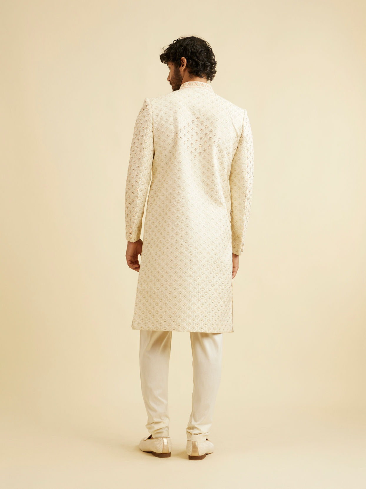 Manyavar Men Golden Cream Patterned Sherwani Set