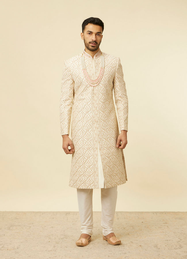 Manyavar Men Antique White Jaal Patterned Sherwani Set