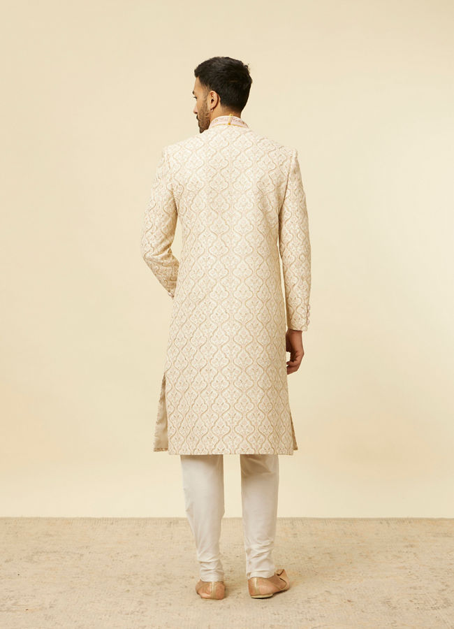 alt message - Manyavar Men Antique White Jaal Patterned Sherwani Set image number 4