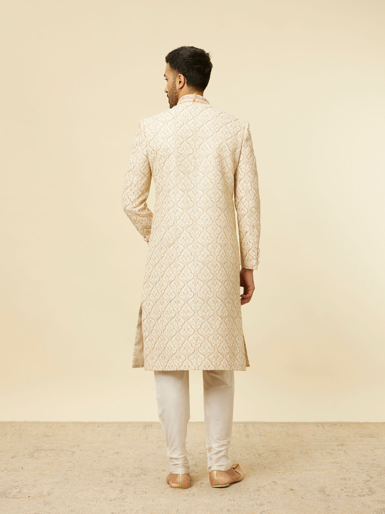 Manyavar Men Antique White Jaal Patterned Sherwani Set