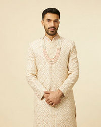 Manyavar Men Antique White Jaal Patterned Sherwani Set
