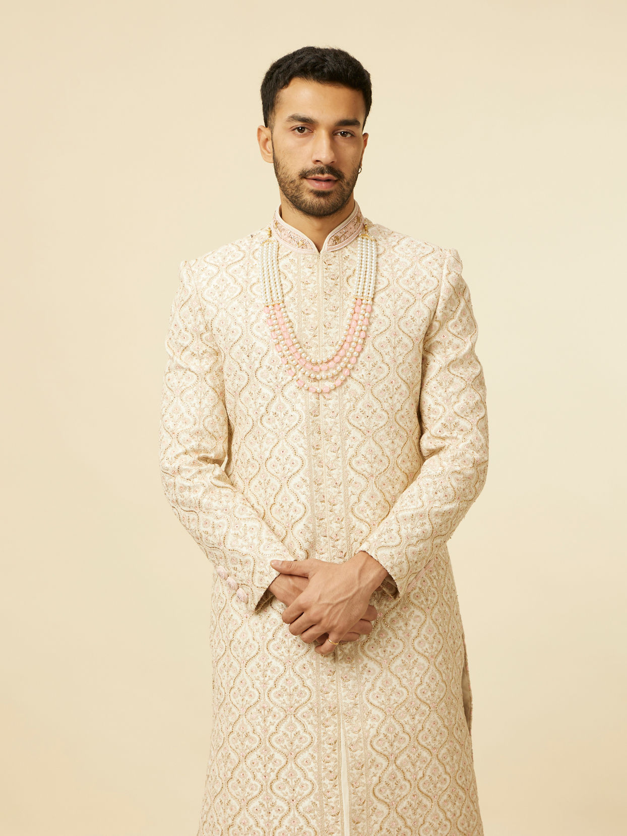 alt message - Manyavar Men Antique White Jaal Patterned Sherwani Set image number 0