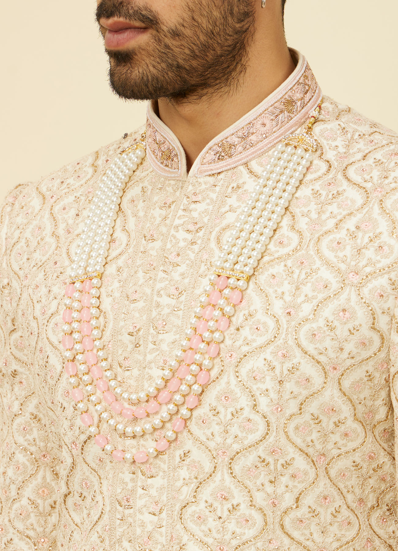 Manyavar Men Antique White Jaal Patterned Sherwani Set