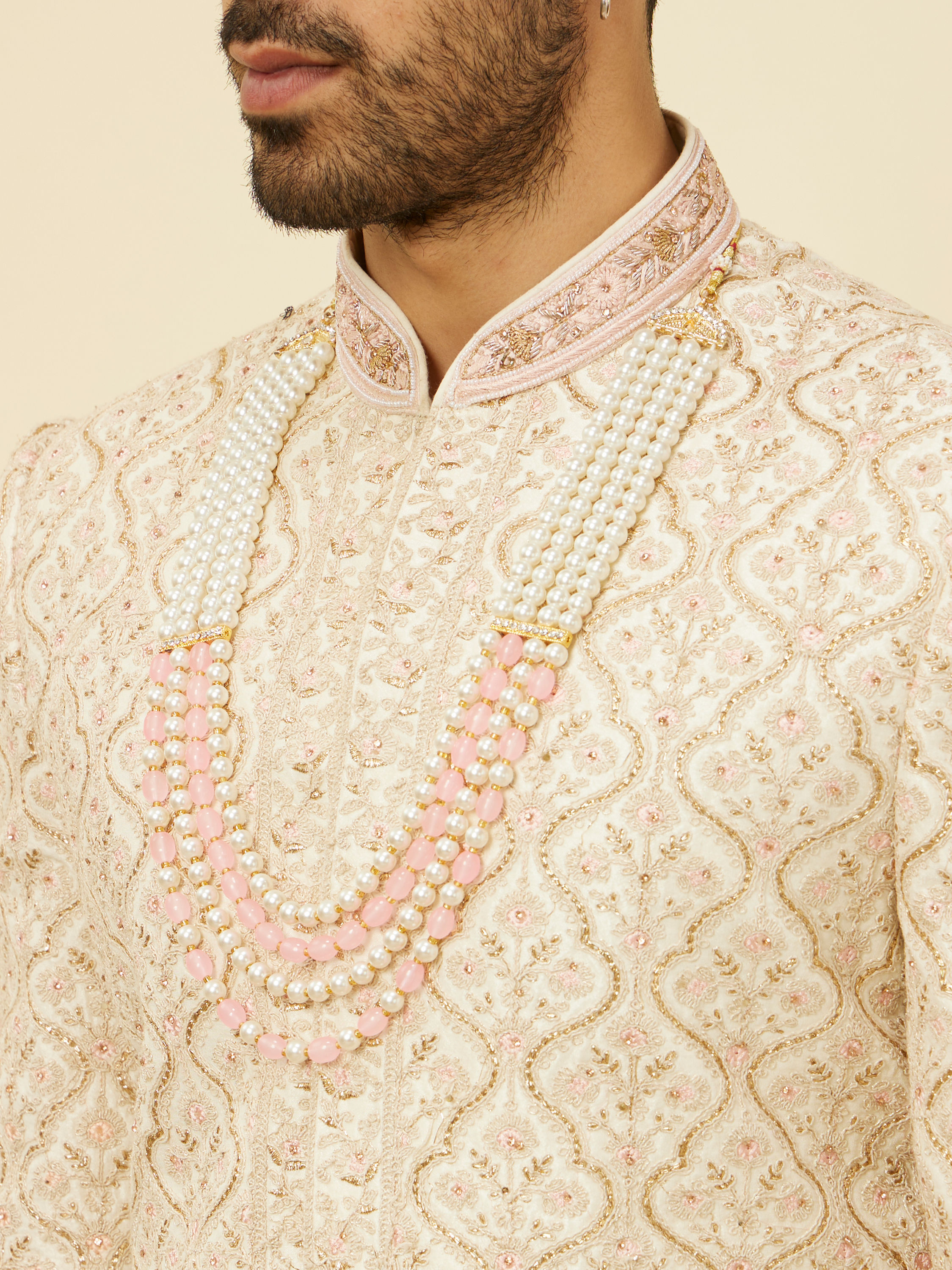 Manyavar Men Antique White Jaal Patterned Sherwani Set