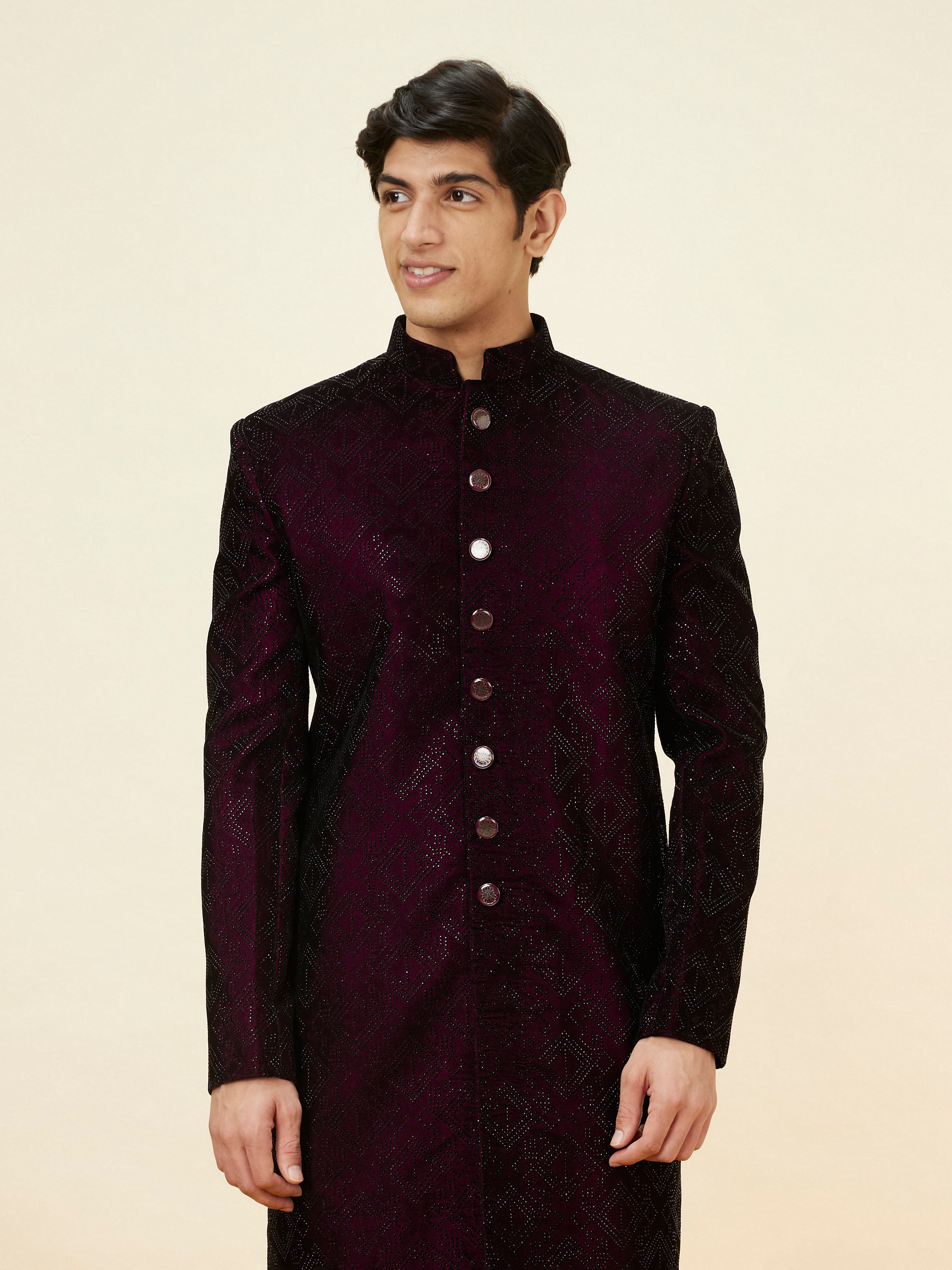 Manyavar Men Cherry Wine Stone Work Sherwani