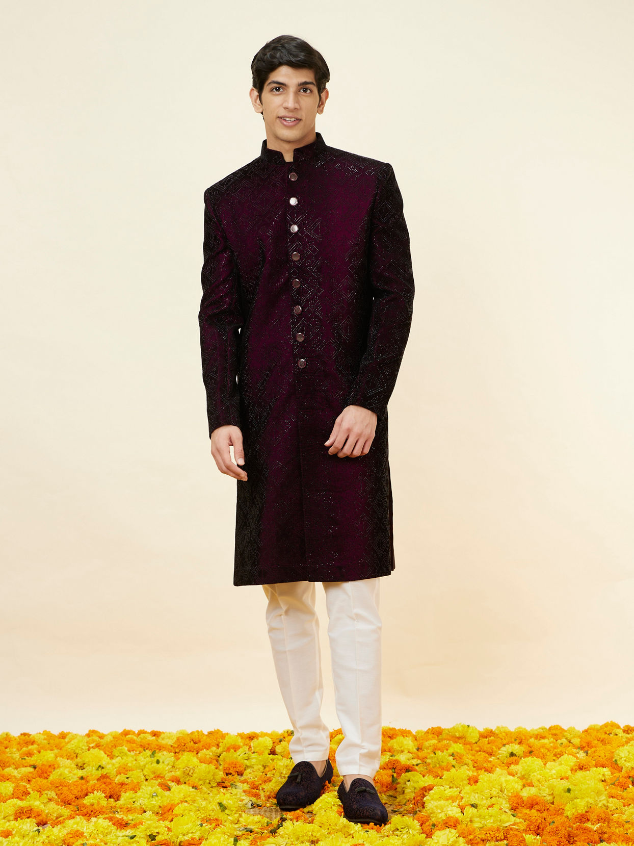 alt message - Manyavar Men Cherry Wine Stone Work Sherwani image number 2