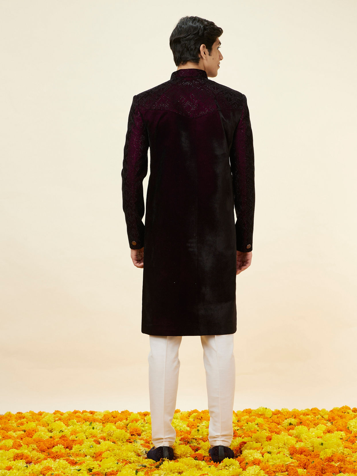 Manyavar Men Cherry Wine Stone Work Sherwani