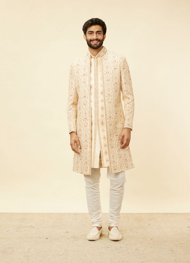 alt message - Manyavar Men Soft Cream Petal Patterned Achkan Style Sherwani Set image number 2