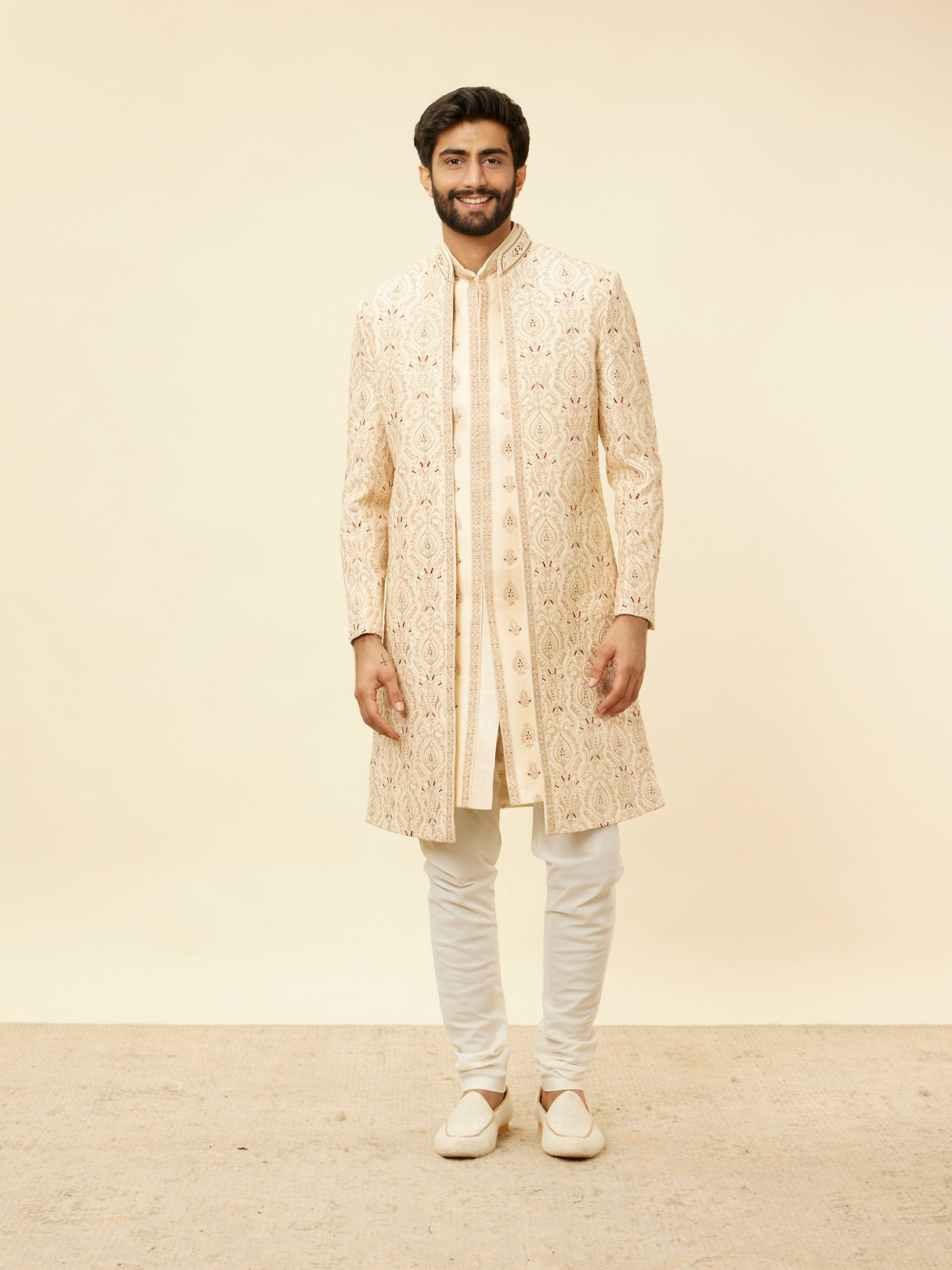 Manyavar Men Soft Cream Petal Patterned Achkan Style Sherwani Set