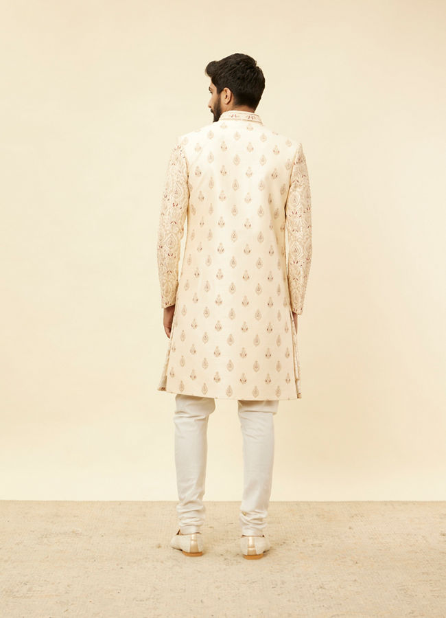 alt message - Manyavar Men Soft Cream Petal Patterned Achkan Style Sherwani Set image number 4