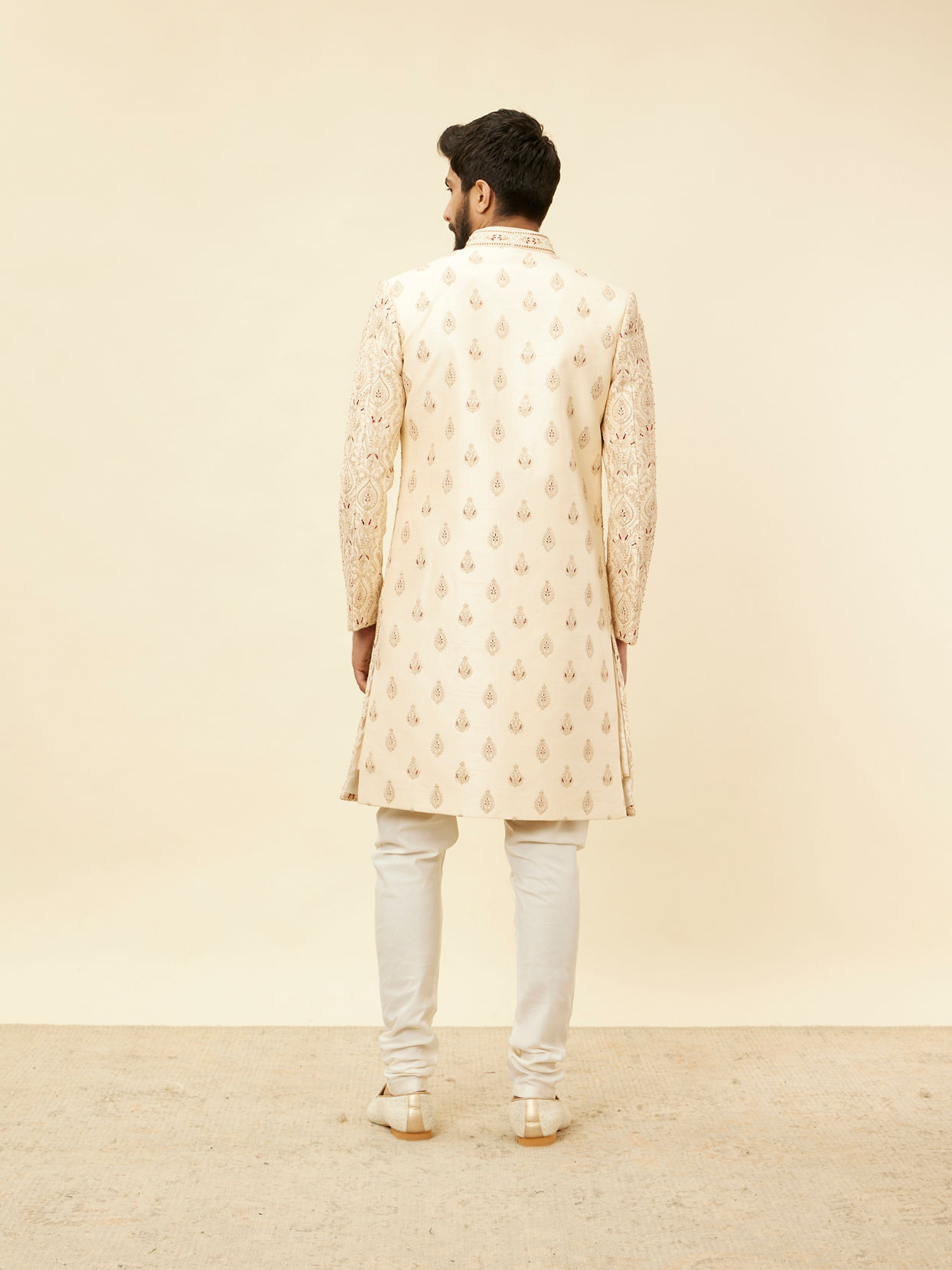 Soft Cream Petal Patterned Achkan Style Sherwani Set image number 4