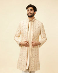 Manyavar Men Soft Cream Petal Patterned Achkan Style Sherwani Set