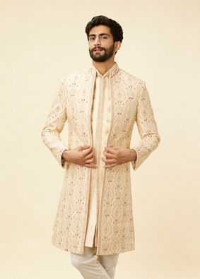 Soft Cream Petal Patterned Achkan Style Sherwani Set image number 0