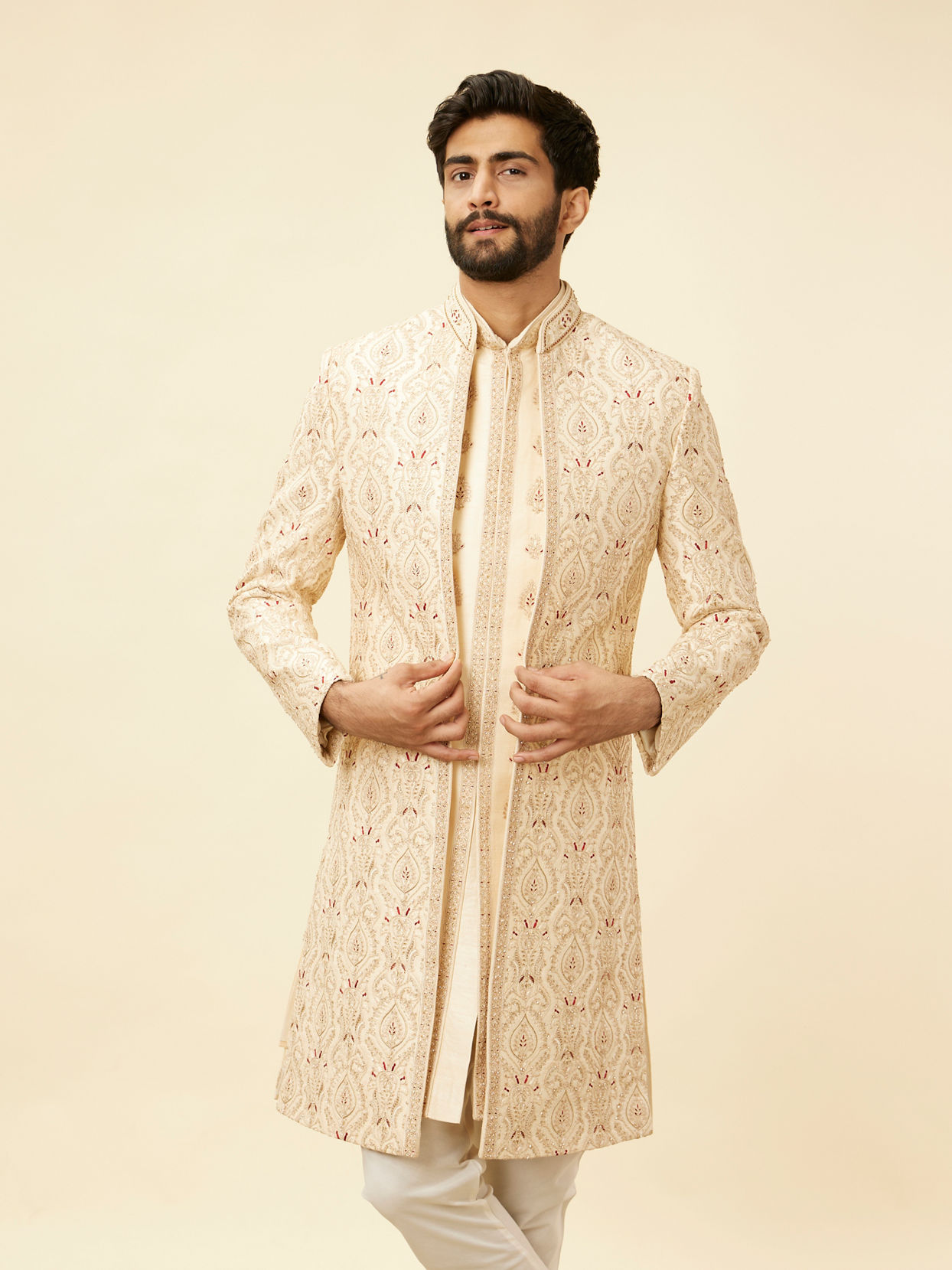 Manyavar Men Soft Cream Petal Patterned Achkan Style Open Sherwani Set