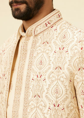 Manyavar Men Soft Cream Petal Patterned Achkan Style Open Sherwani Set