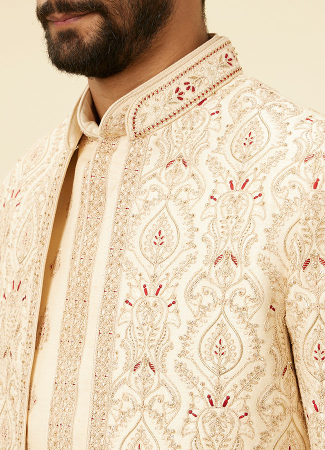 Manyavar Men Soft Cream Petal Patterned Achkan Style Open Sherwani Set