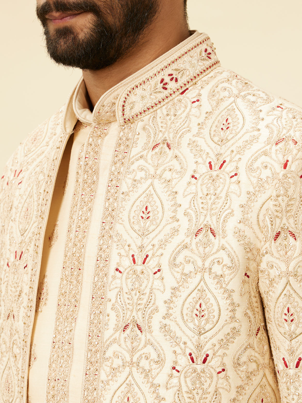 Manyavar Men Soft Cream Petal Patterned Achkan Style Open Sherwani Set