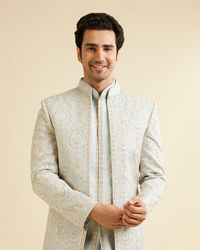 Manyavar Men Light Grey Shankh Motif Sherwani Jacket Set