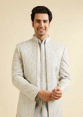 Manyavar Men Light Grey Shankh Motif Open Sherwani Jacket Set