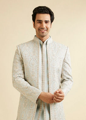 alt message - Manyavar Men Light Grey Shankh Motif Sherwani Jacket Set image number 0