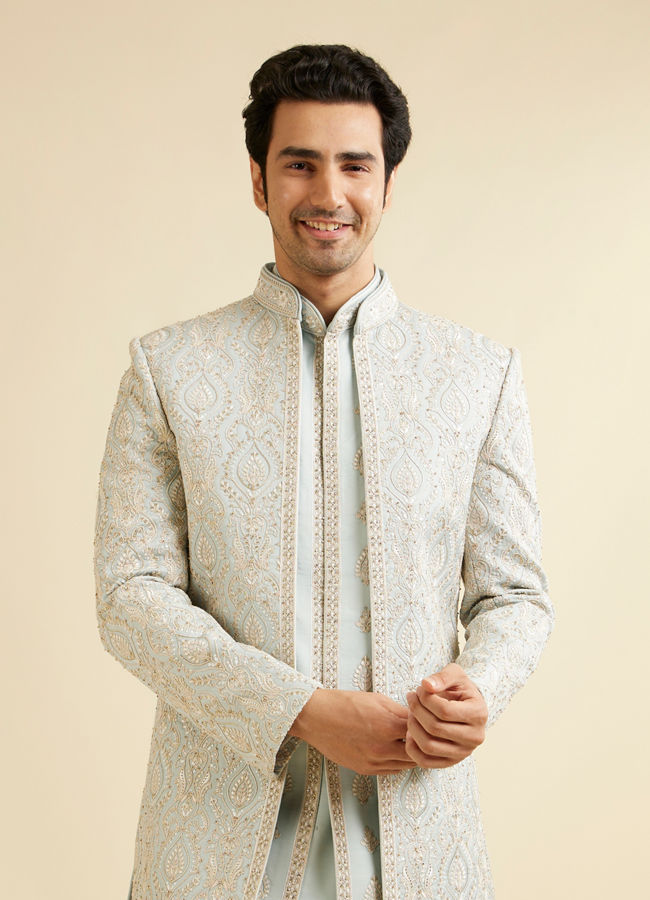 alt message - Manyavar Men Light Grey Shankh Motif Sherwani Jacket Set image number 0