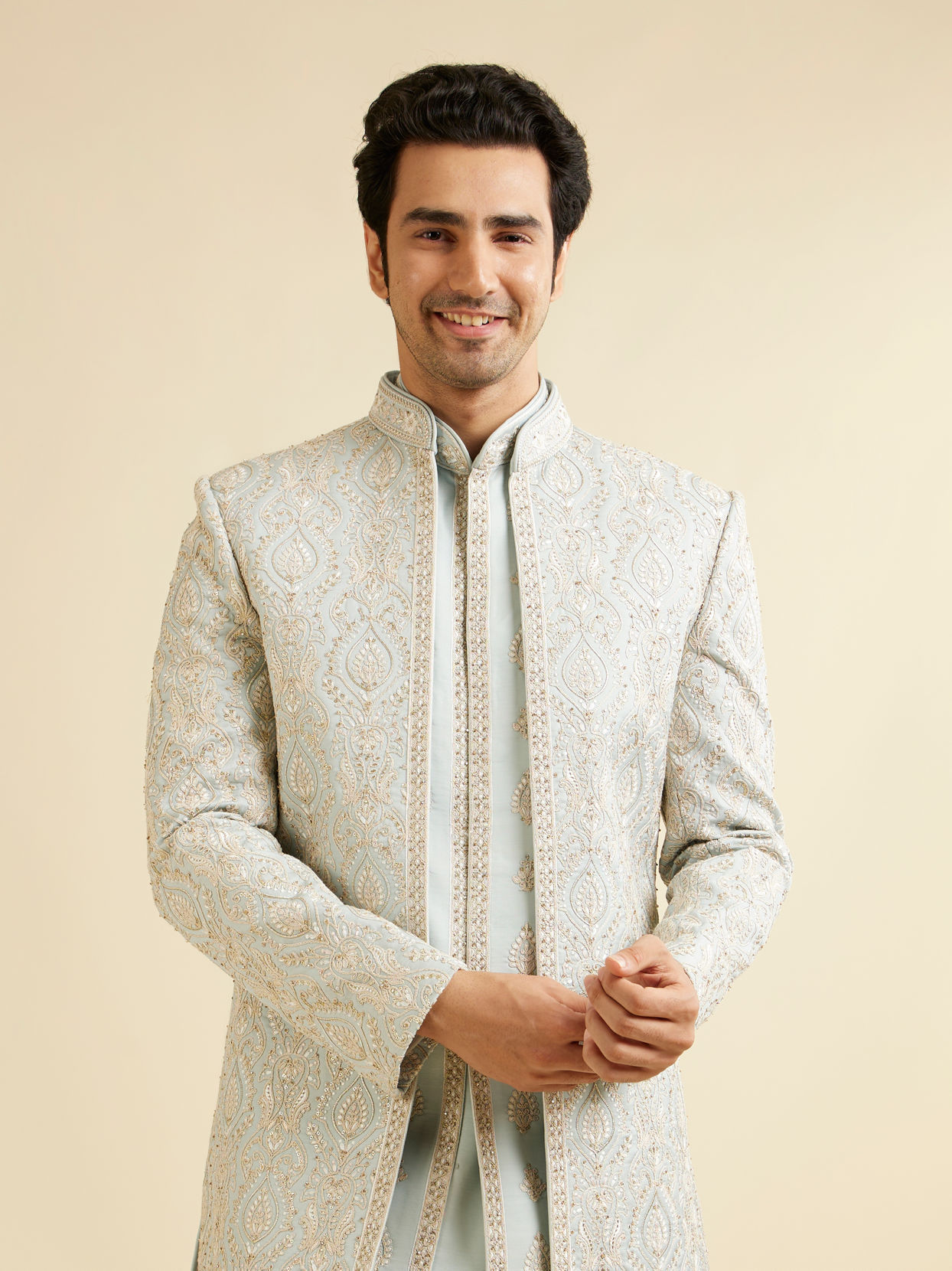 alt message - Manyavar Men Light Grey Shankh Motif Sherwani Jacket Set image number 0