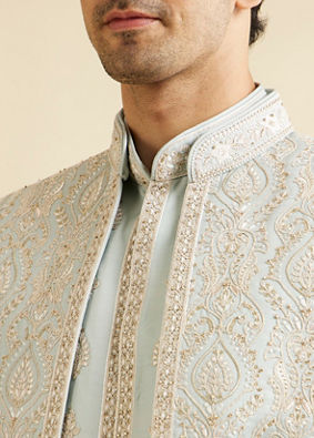 alt message - Manyavar Men Light Grey Shankh Motif Sherwani Jacket Set image number 1