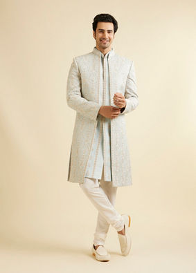 alt message - Manyavar Men Light Grey Shankh Motif Sherwani Jacket Set image number 2