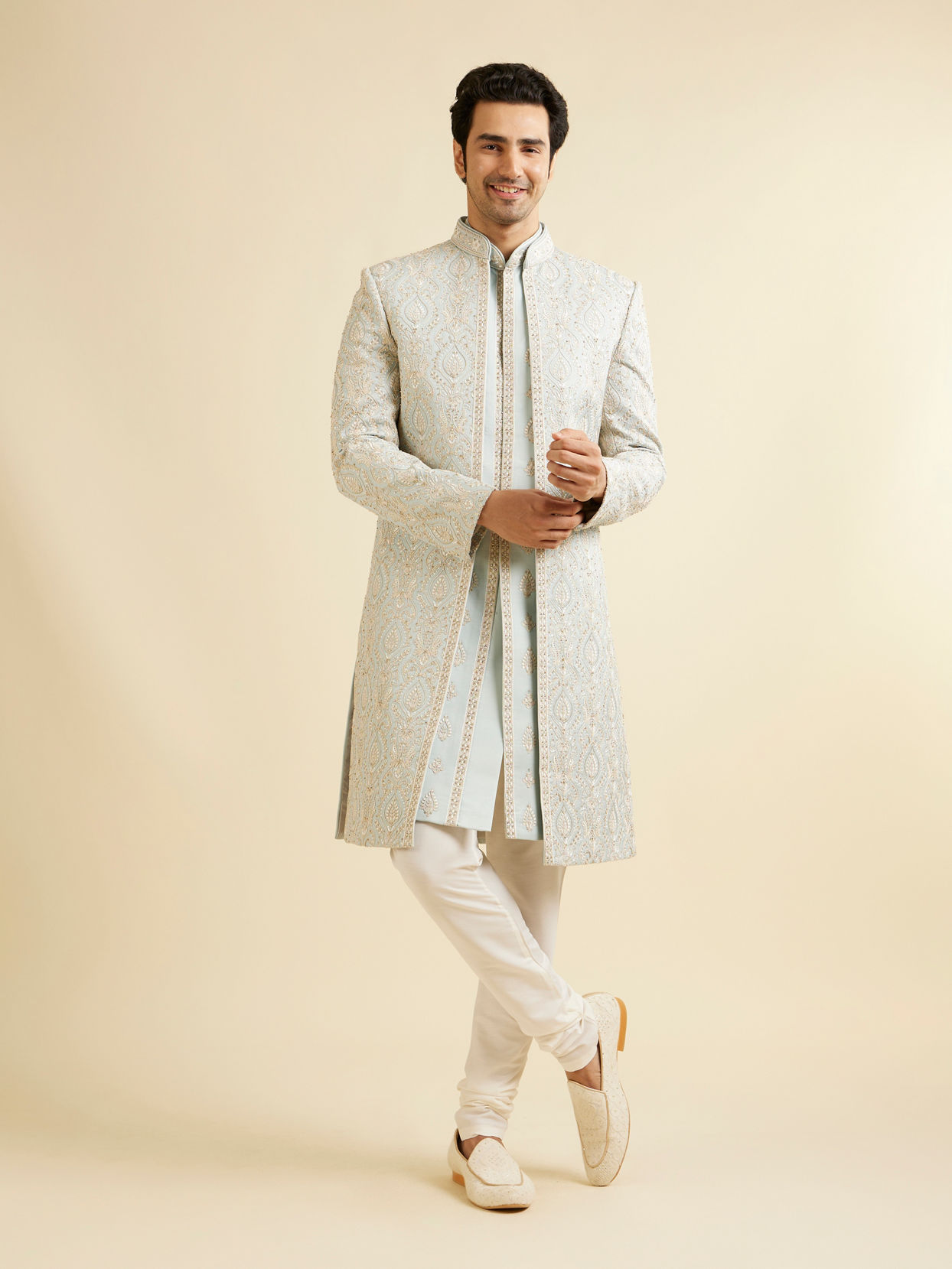 Manyavar Men Light Grey Shankh Motif Sherwani Jacket Set