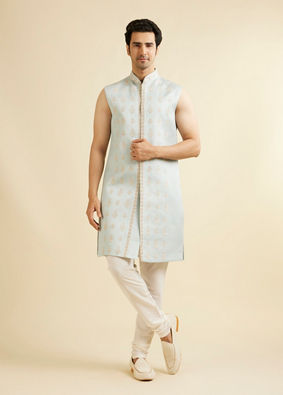 alt message - Manyavar Men Light Grey Shankh Motif Sherwani Jacket Set image number 3