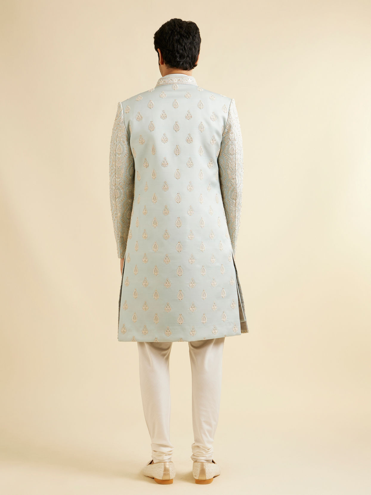 Manyavar Men Light Grey Shankh Motif Sherwani Jacket Set