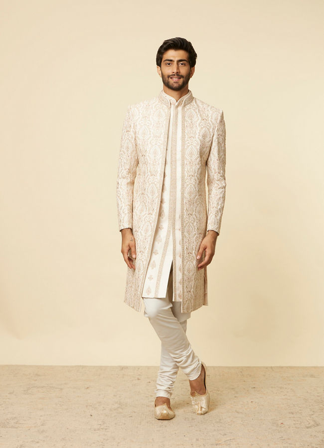 Peach Buta Patterned Sherwani Set image number 2