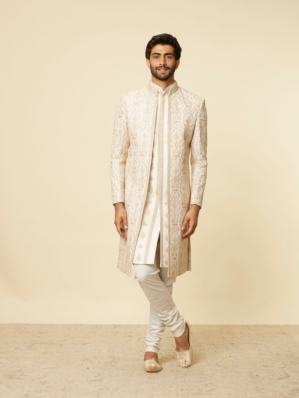 Peach Buta Patterned Sherwani Set image number 2