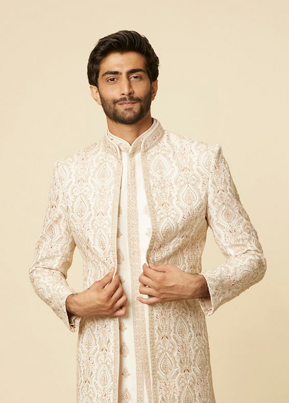 Manyavar Men Peach Buta Patterned Sherwani Set