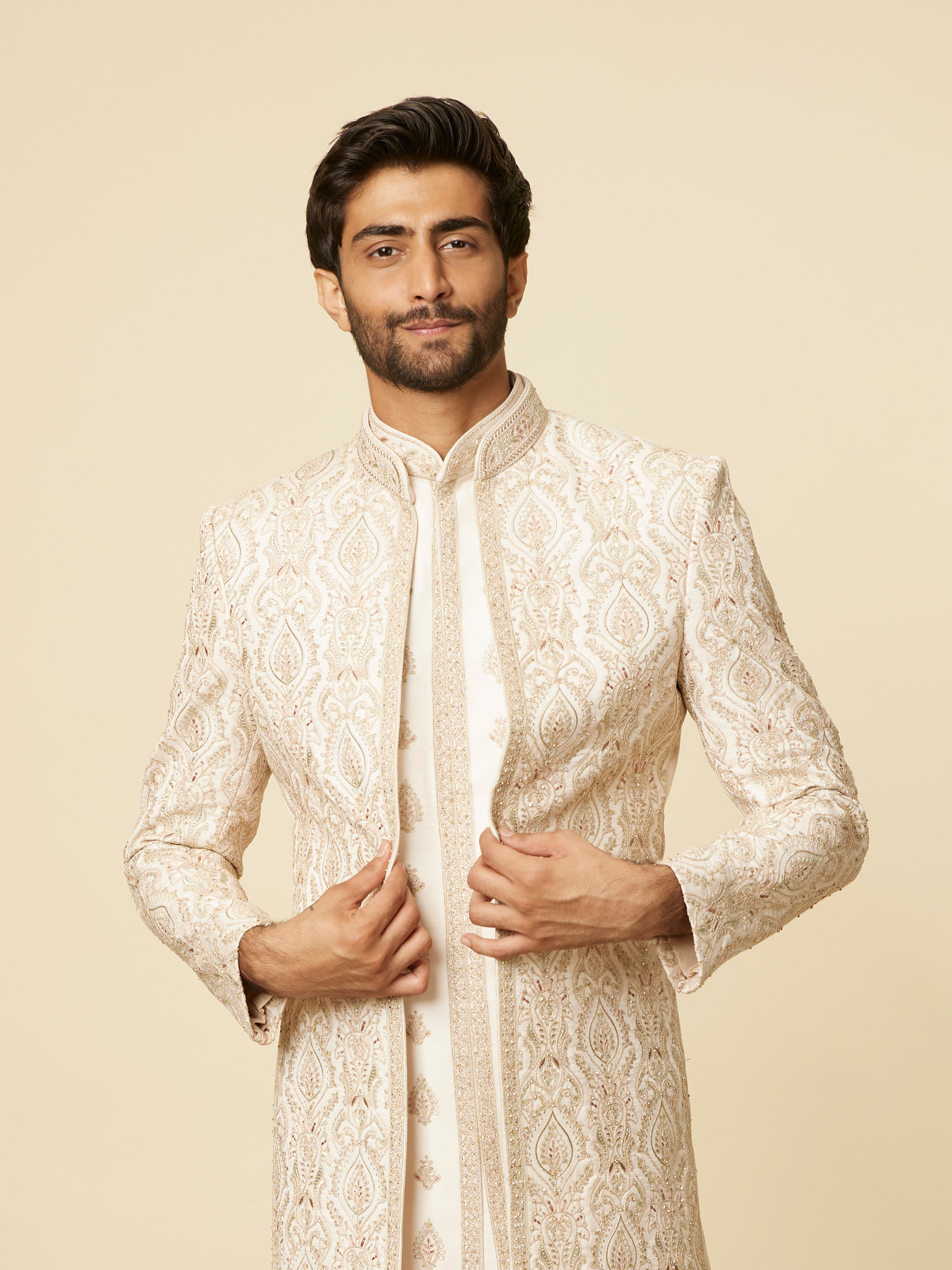 Manyavar Men Peach Buta Patterned Sherwani Set