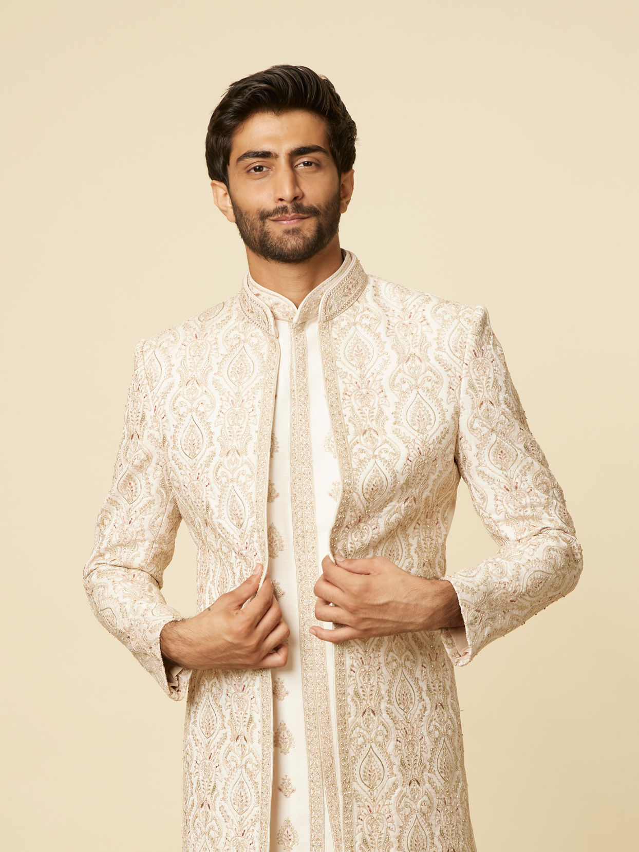 Manyavar Men Peach Buta Patterned Open Sherwani Set