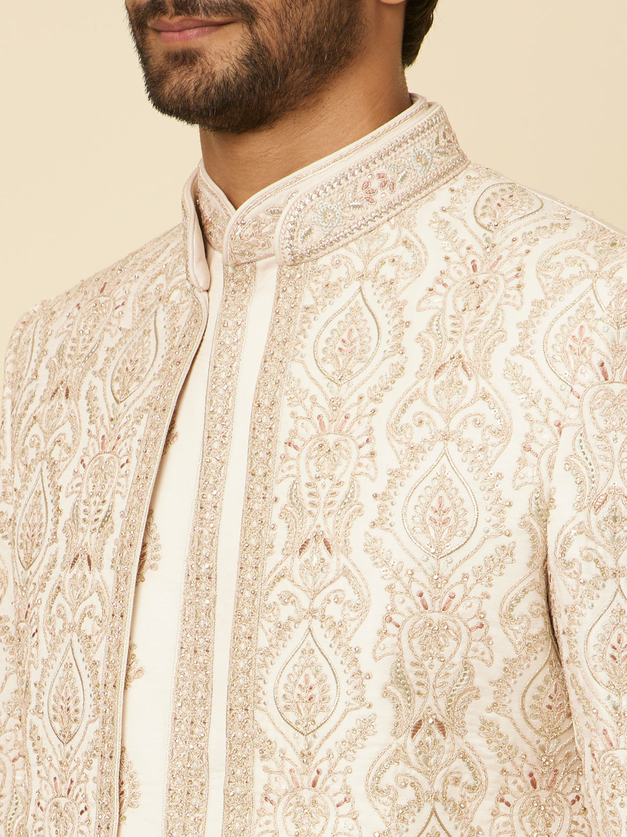 Manyavar Men Peach Buta Patterned Open Sherwani Set
