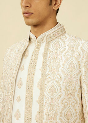 Manyavar Men Off White Shankh Motif Open Sherwani Set