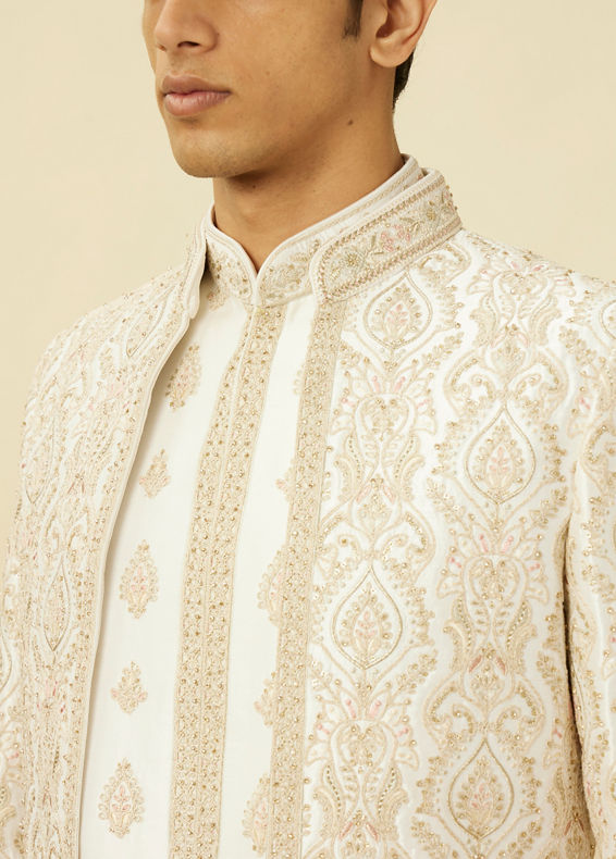 Manyavar Men Off White Shankh Motif Sherwani Set