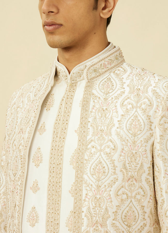 Manyavar Men Off White Shankh Motif Open Sherwani Set