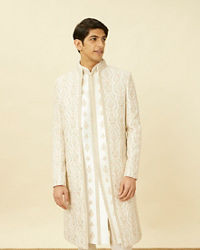 Manyavar Men Off White Shankh Motif Sherwani Set