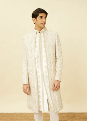 Manyavar Men Off White Shankh Motif Open Sherwani Set