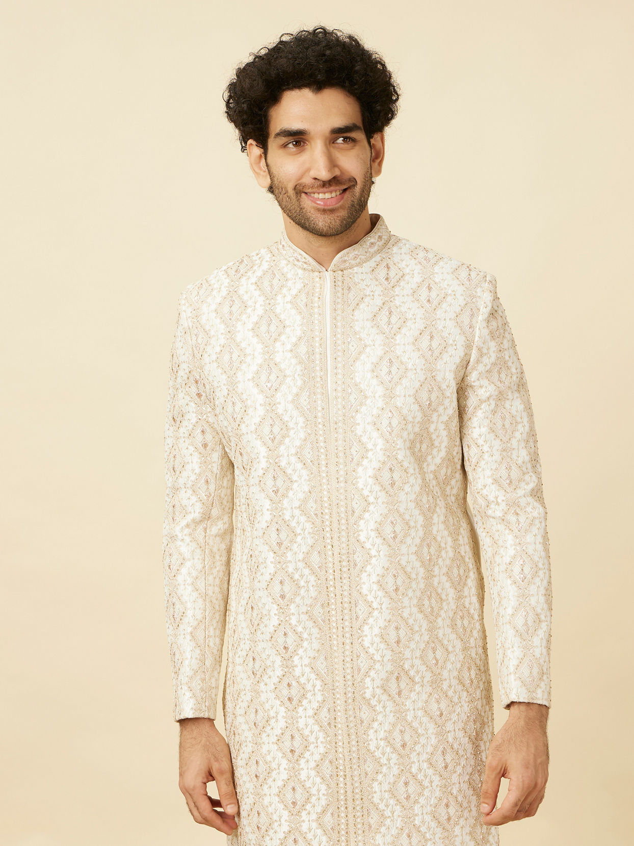 alt message - Manyavar Men Pearled Ivory White Diamond Patterned Sherwani Set image number 0