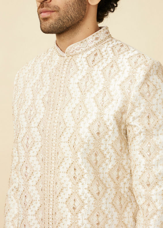 Manyavar Men Pearled Ivory White Diamond Patterned Sherwani Set
