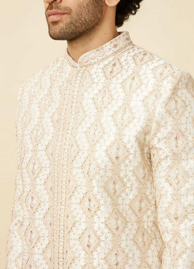 Manyavar Men Pearled Ivory White Diamond Patterned Sherwani Set