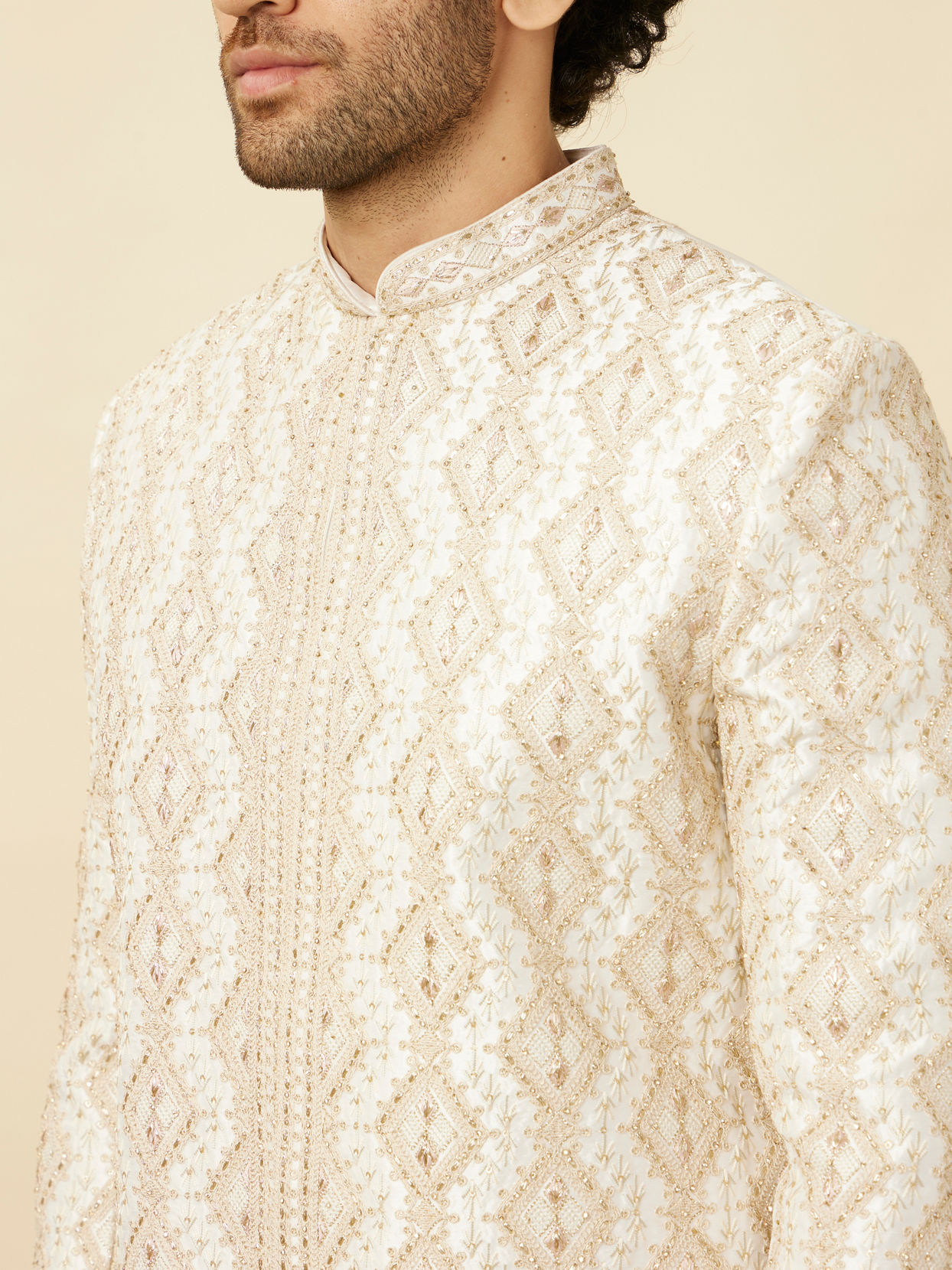 Manyavar Men Pearled Ivory White Diamond Patterned Sherwani Set