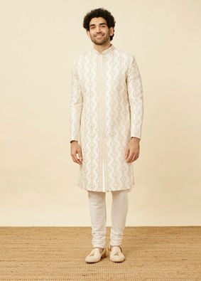 alt message - Manyavar Men Pearled Ivory White Diamond Patterned Sherwani Set image number 2