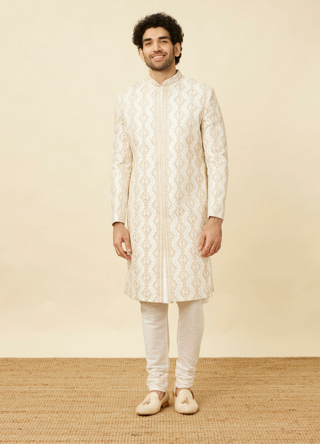 Manyavar Men Pearled Ivory White Diamond Patterned Sherwani Set