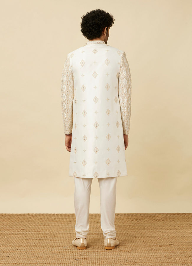 Manyavar Men Pearled Ivory White Diamond Patterned Sherwani Set