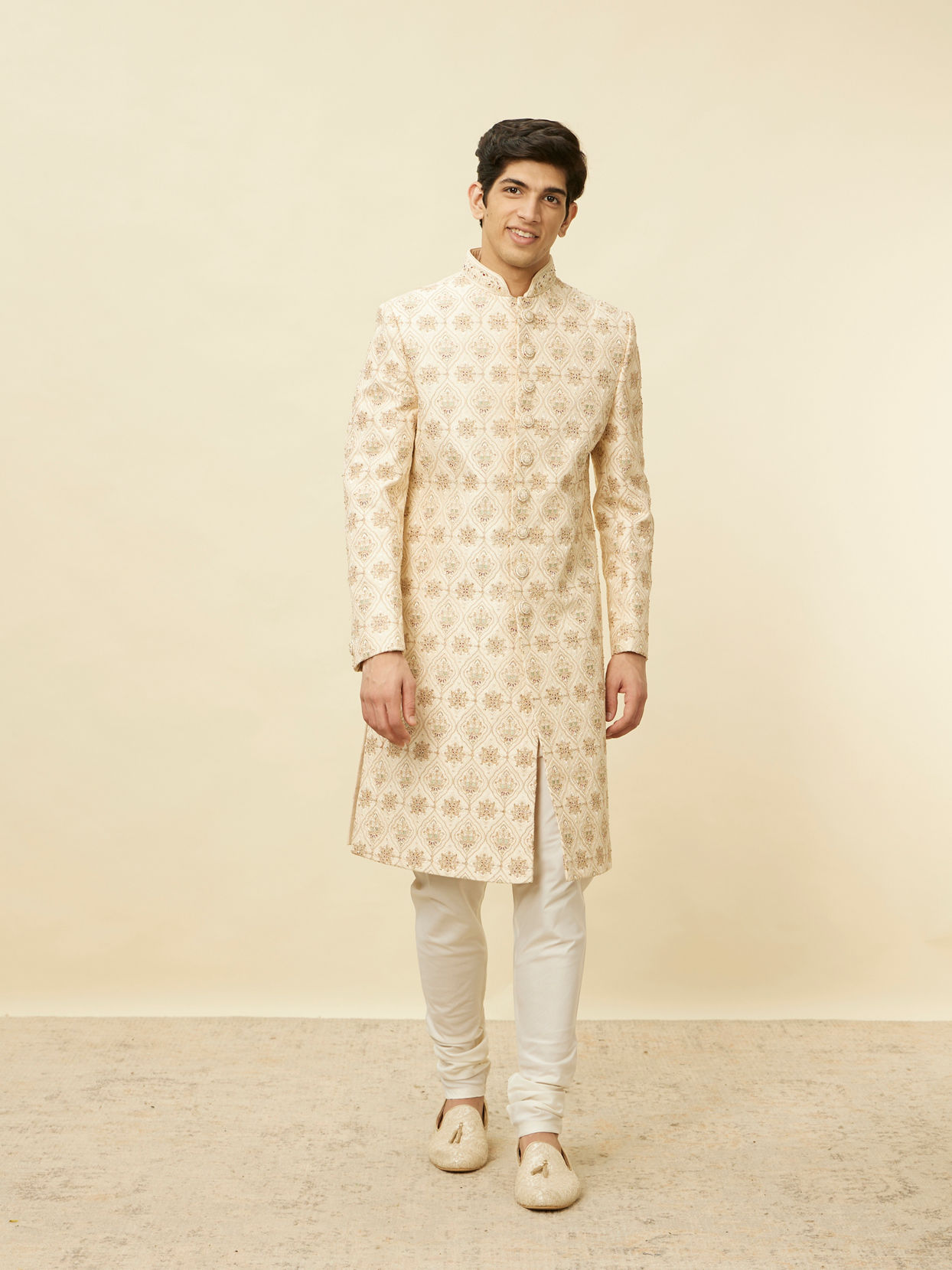 alt message - Manyavar Men Biscuit Beige Aari Embroidered Sherwani Set image number 2